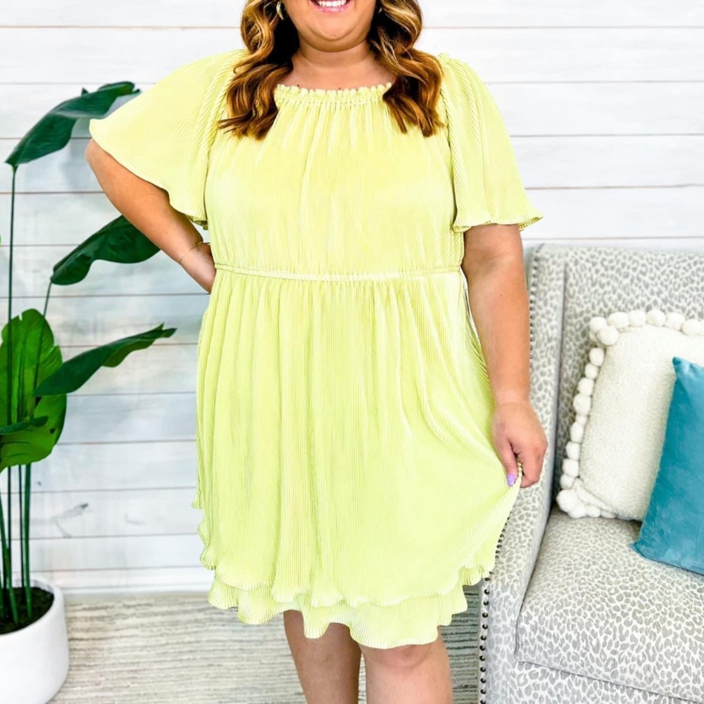 Lime Green Pleated Flouncy Dress 😍